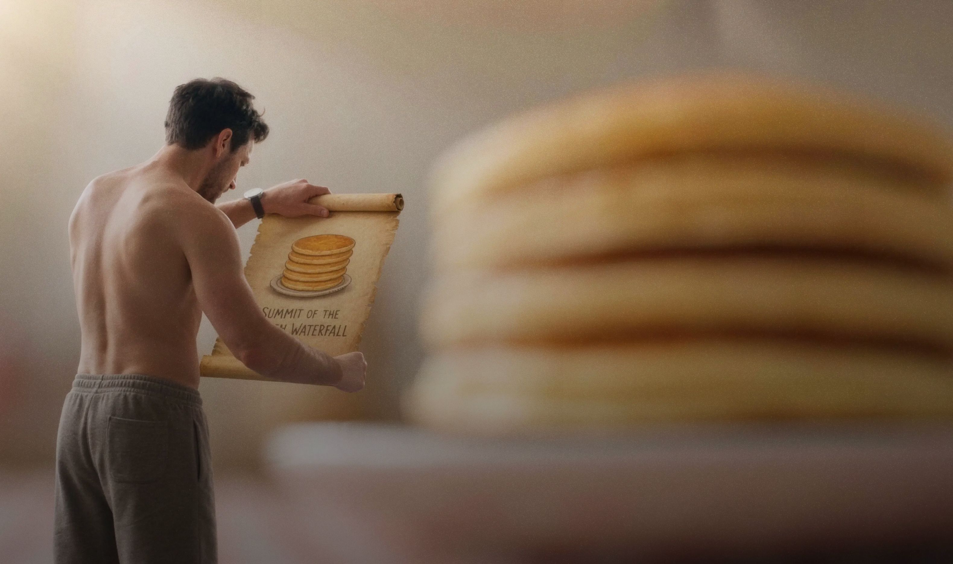 Spec ad still: a man holds up a scroll showing a stack of pancakes, with a huge stack blurred in the foreground