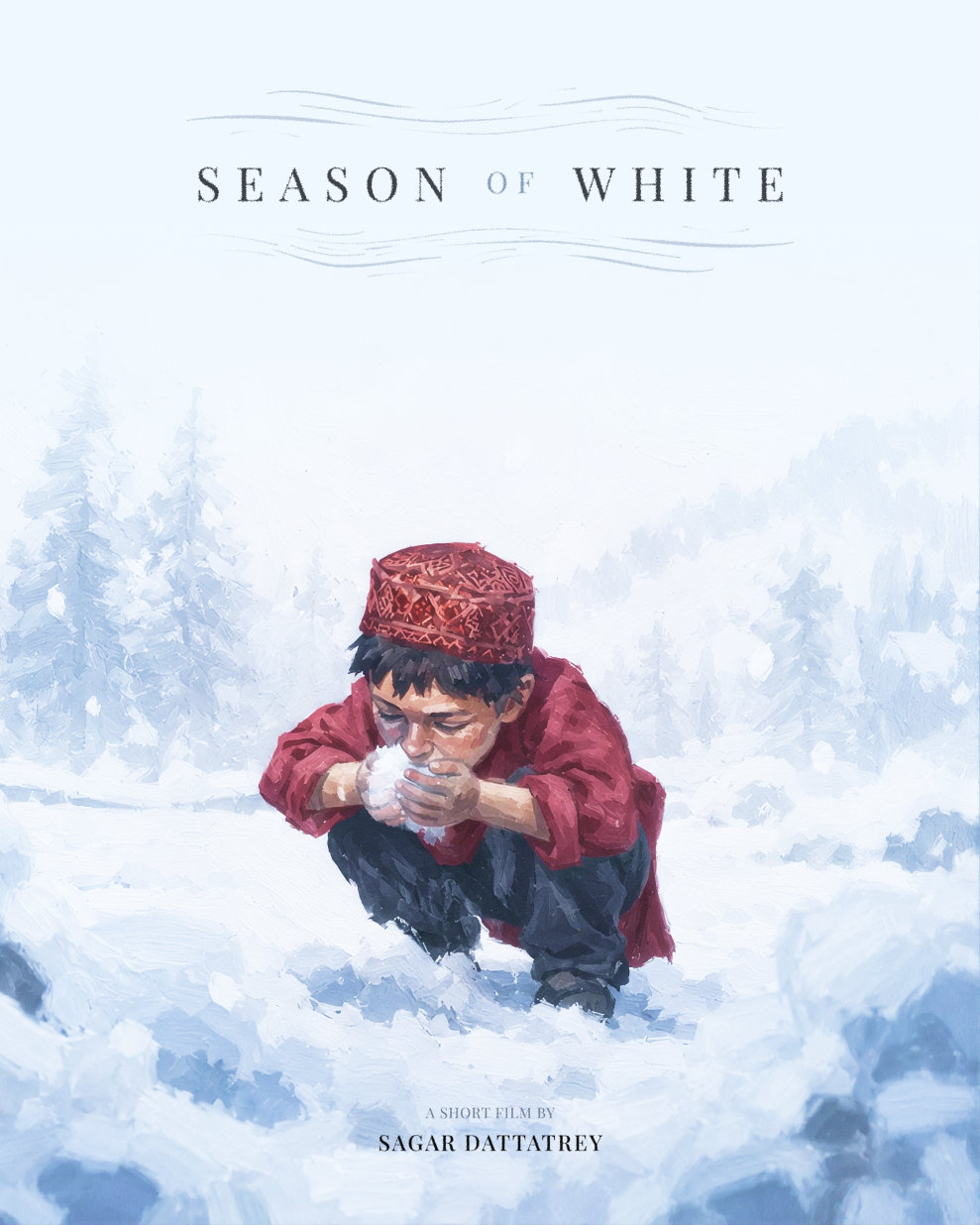 Season of White poster: a child in a red cap crouched in the snow