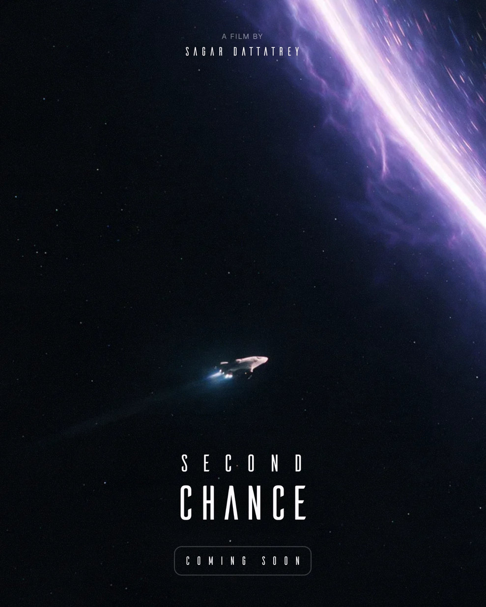 Second Chance poster: a small spacecraft drifting beneath a violet aurora