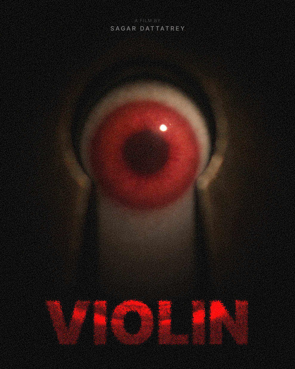 Violin poster: a red eye seen through a keyhole above the title